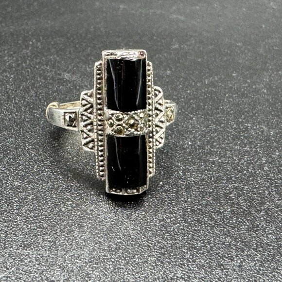 Antique Art Deco Silver 925 Ring with Black Onyx Stone *read* - Picture 5 of 12